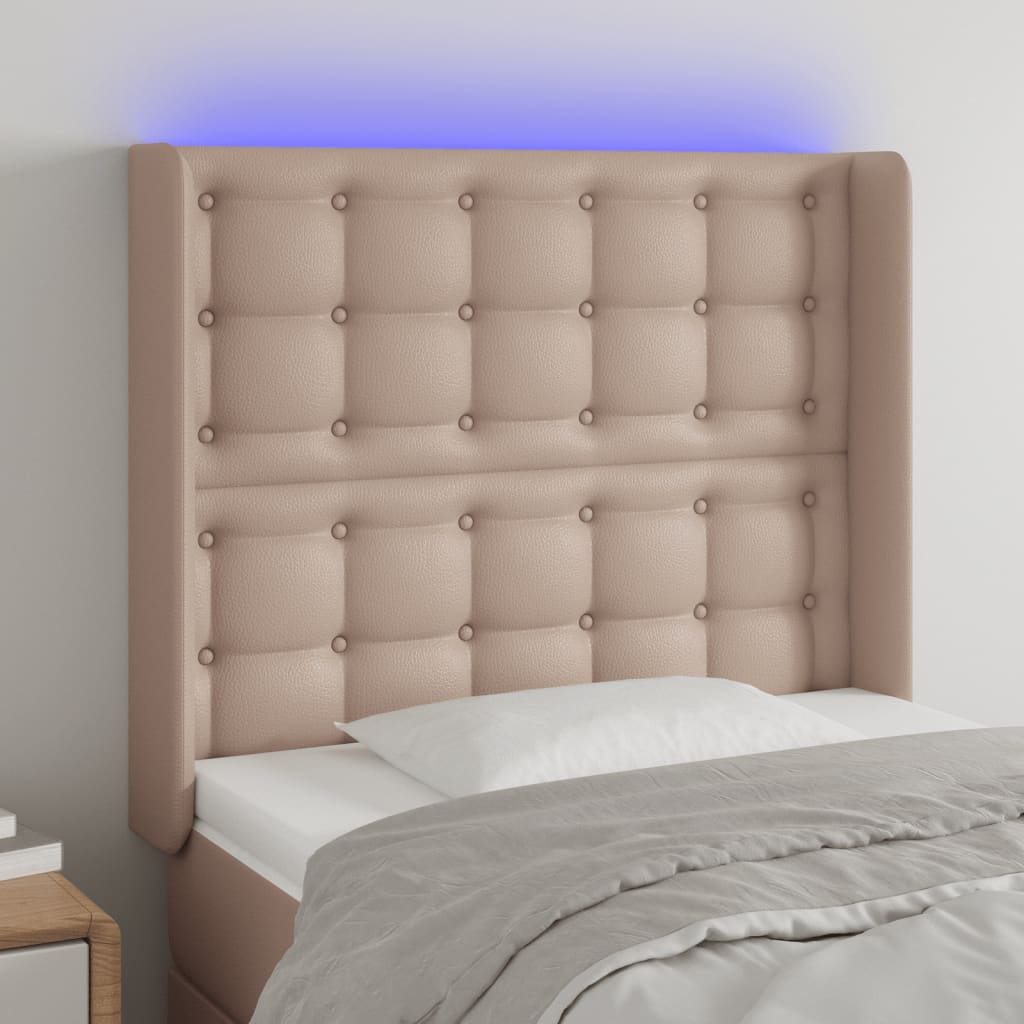 vidaXL Zagłówek do łóżka z LED, cappuccino, 103x16x118/128cm, ekoskóra