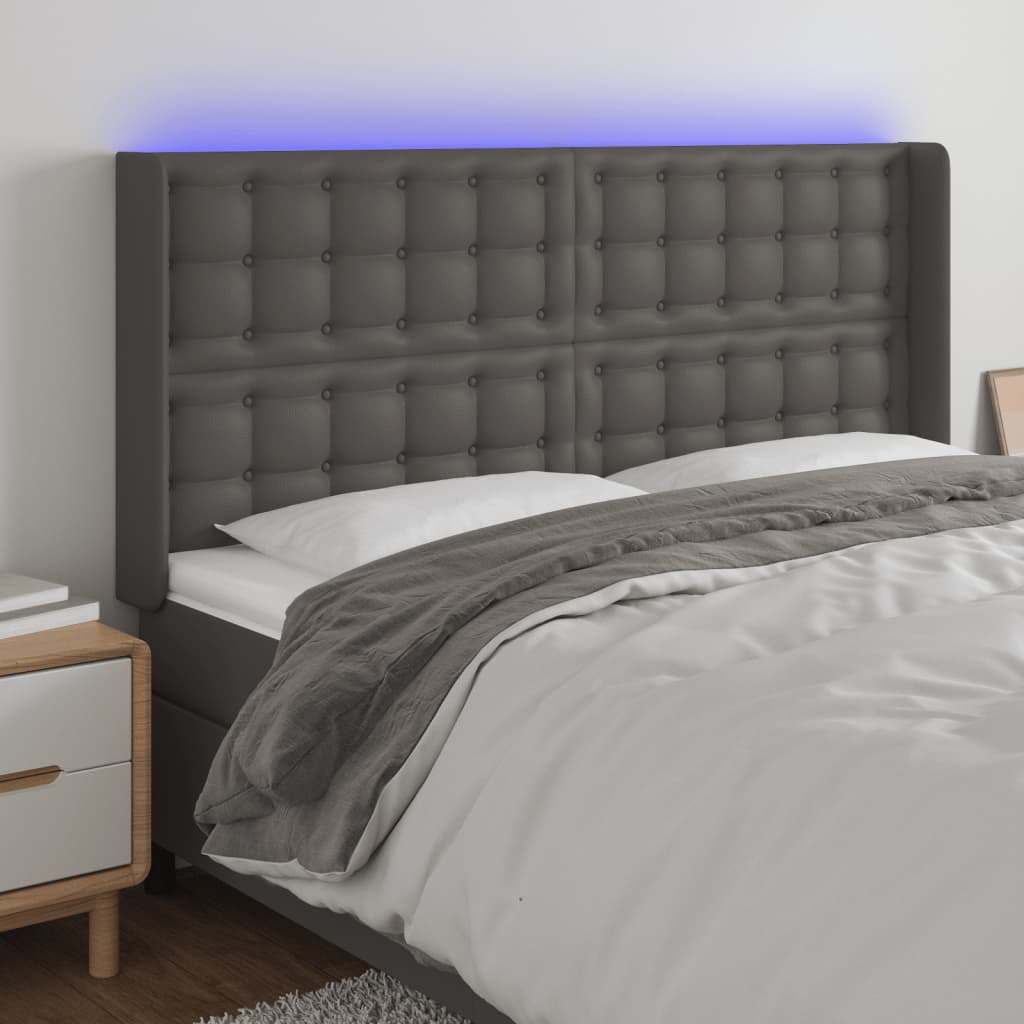 vidaXL Zagłówek do łóżka z LED, szary, 147x16x118/128cm sztuczna skóra