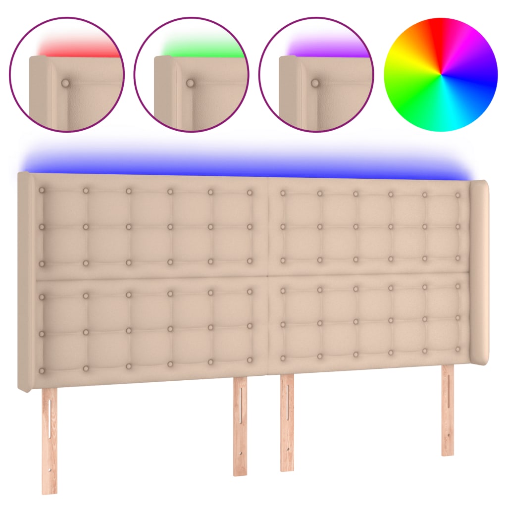 vidaXL Zagłówek do łóżka z LED, cappuccino, 147x16x118/128cm, ekoskóra