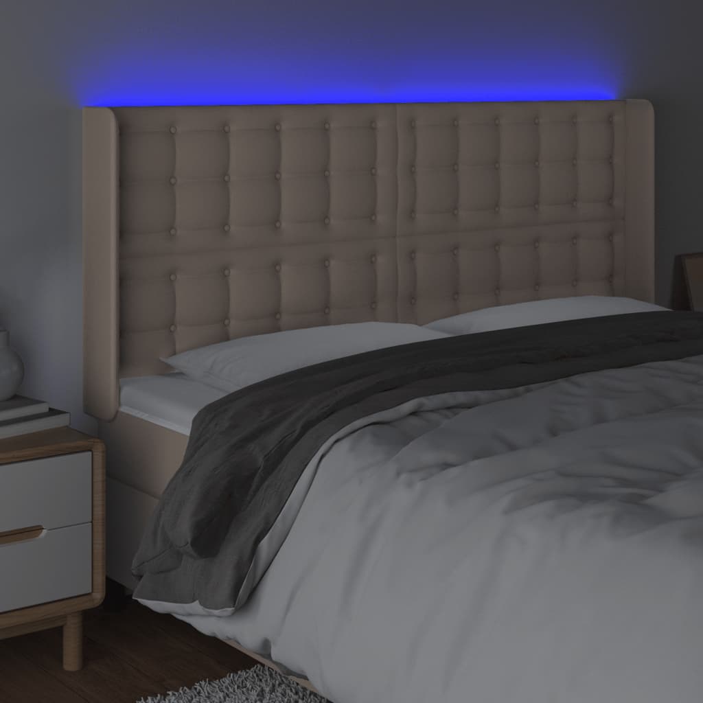 vidaXL Zagłówek do łóżka z LED, cappuccino, 147x16x118/128cm, ekoskóra