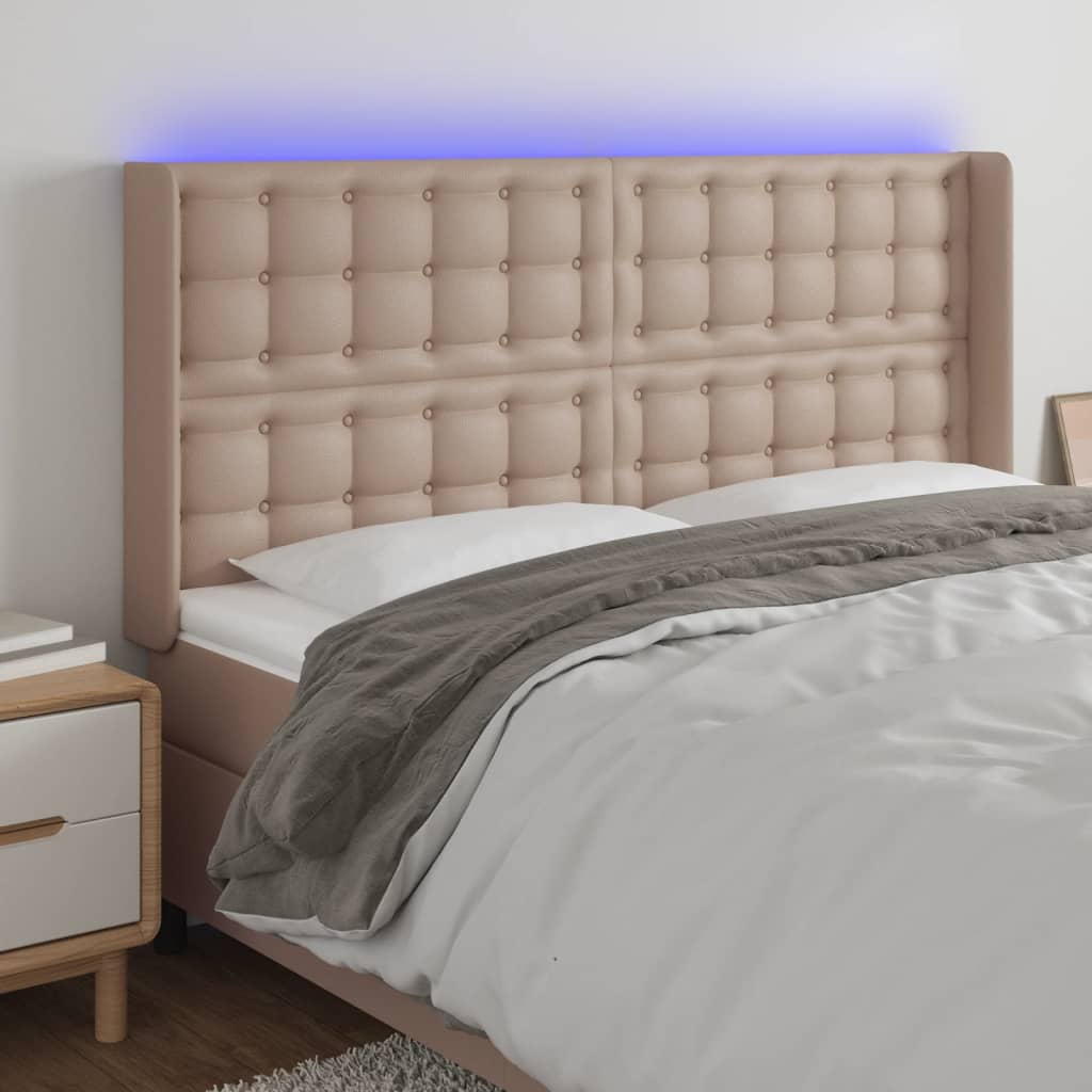 vidaXL Zagłówek do łóżka z LED, cappuccino, 147x16x118/128cm, ekoskóra
