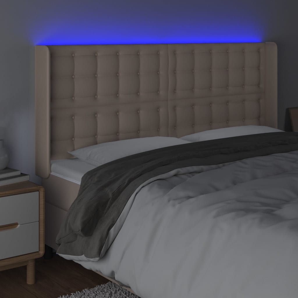 vidaXL Zagłówek do łóżka z LED, cappuccino, 183x16x118/128cm, ekoskóra