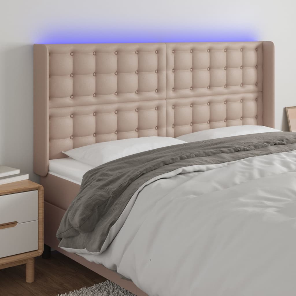 vidaXL Zagłówek do łóżka z LED, cappuccino, 183x16x118/128cm, ekoskóra