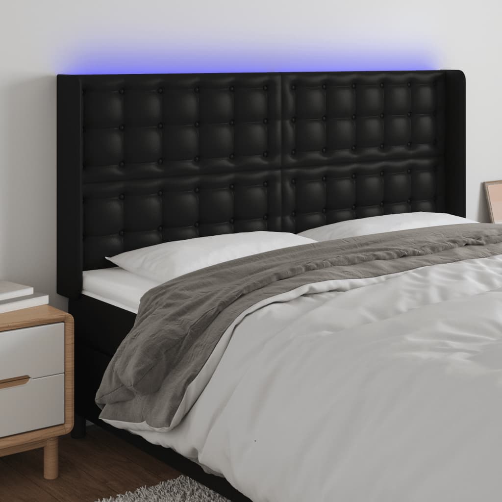 vidaXL Zagłówek do łóżka z LED, czarny 203x16x118/128cm sztuczna skóra