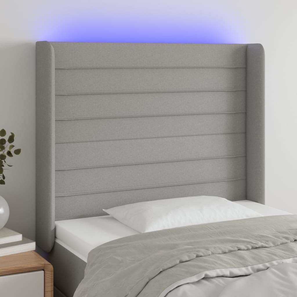 vidaXL Zagłówek do łóżka z LED, jasnoszary, 83x16x118/128 cm, tkanina