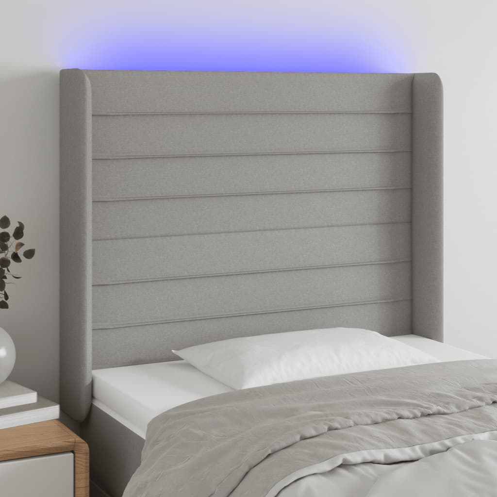 vidaXL Zagłówek do łóżka z LED, jasnoszary, 93x16x118/128 cm, tkanina