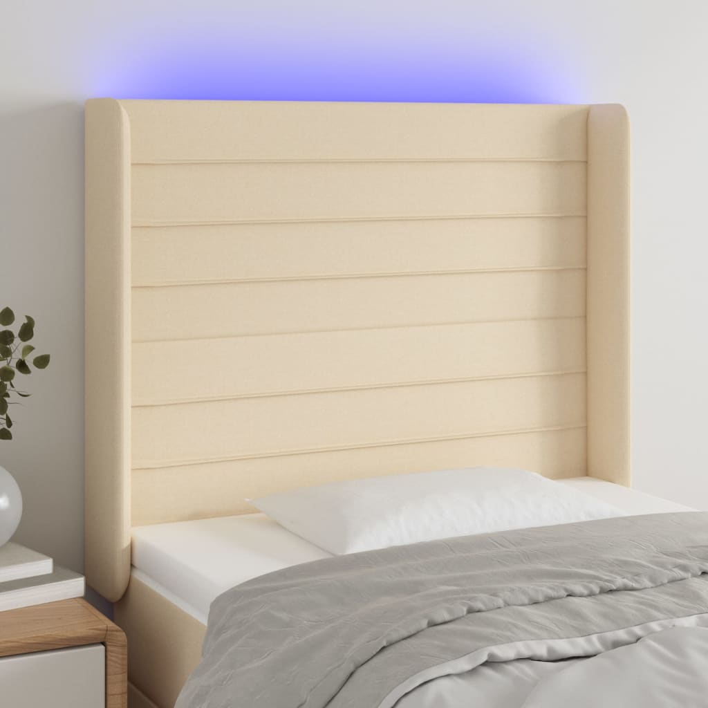 vidaXL Zagłówek do łóżka z LED, kremowy, 103x16x118/128 cm, tkanina