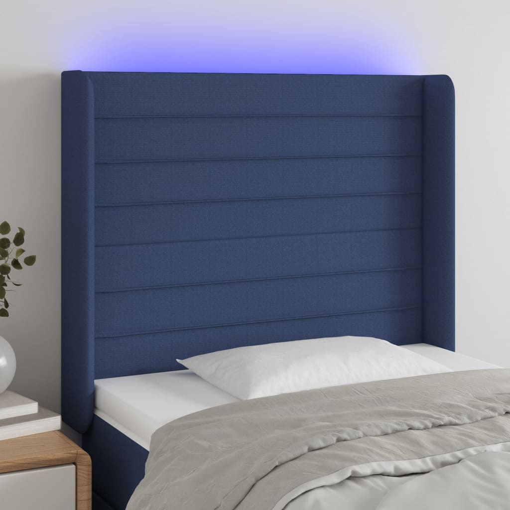 vidaXL Zagłówek do łóżka z LED, niebieski, 103x16x118/128 cm, tkanina