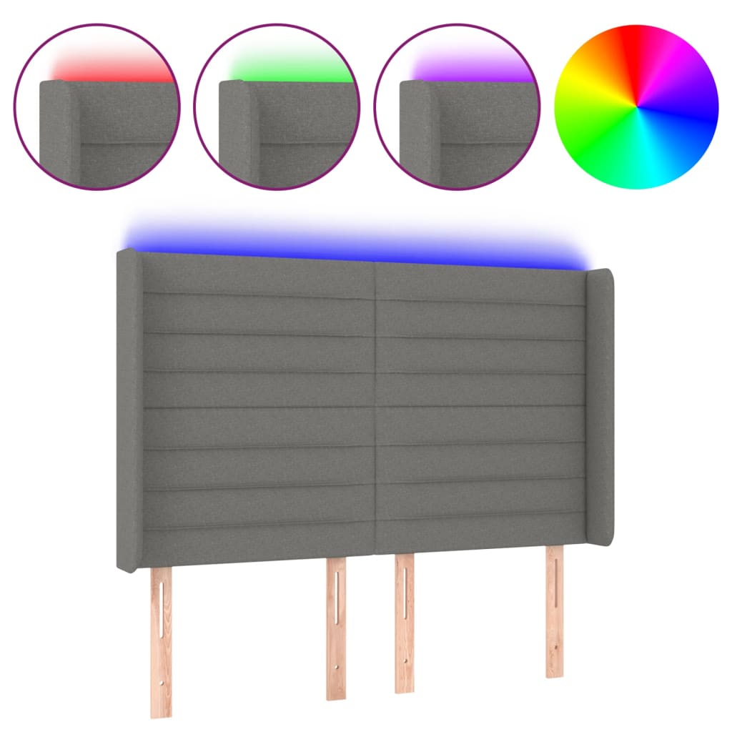 vidaXL Zagłówek do łóżka z LED, ciemnoszary, 147x16x118/128cm, tkanina