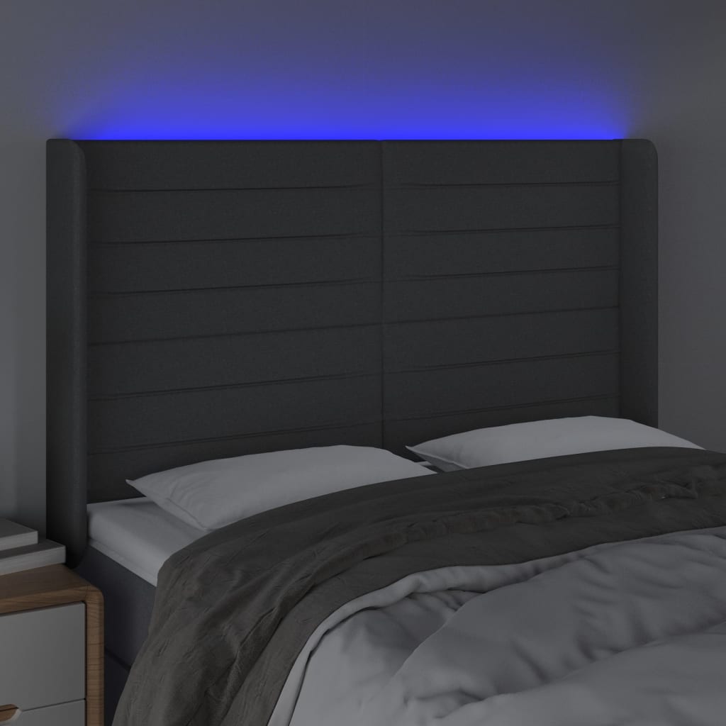 vidaXL Zagłówek do łóżka z LED, ciemnoszary, 147x16x118/128cm, tkanina