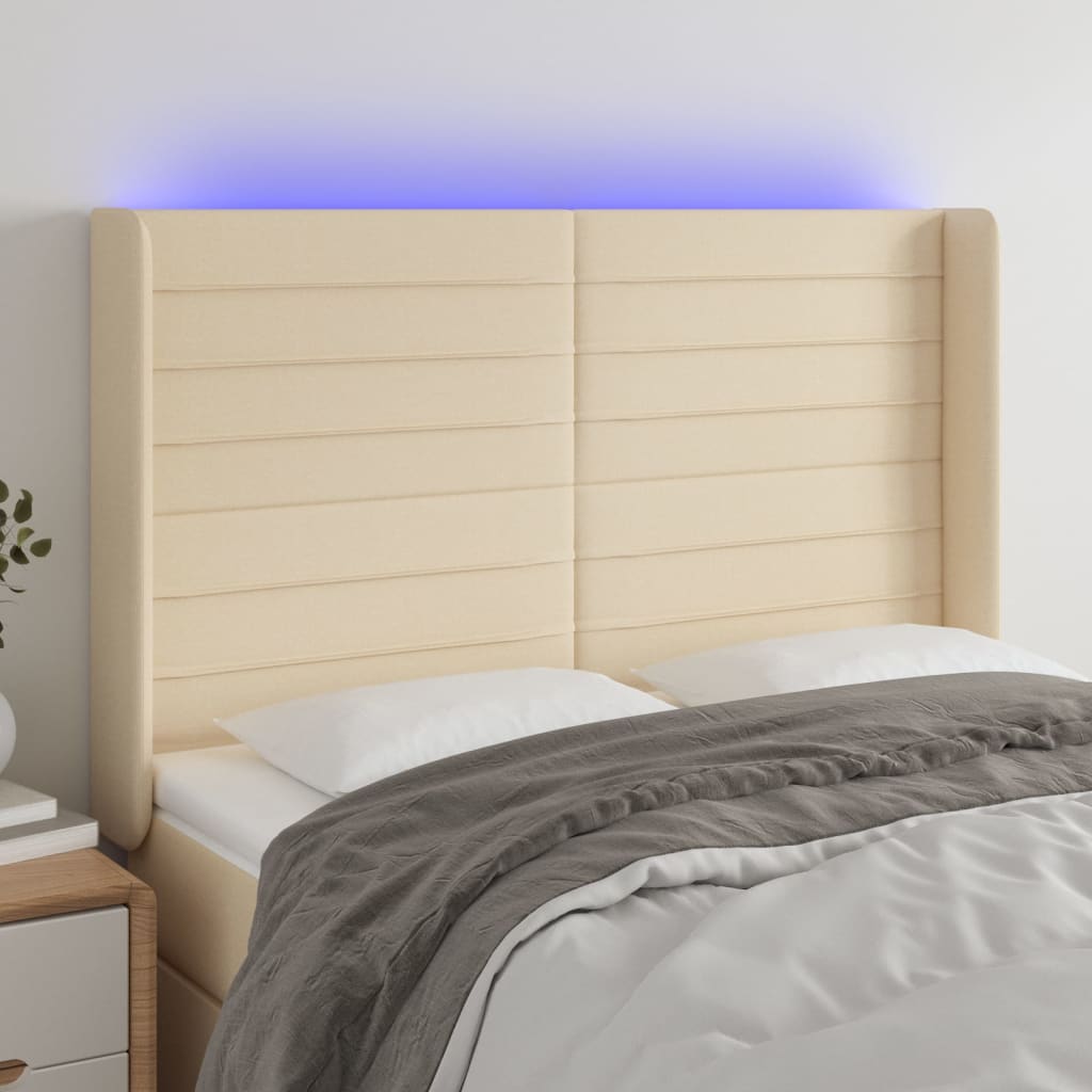 vidaXL Zagłówek do łóżka z LED, kremowy, 147x16x118/128 cm, tkanina