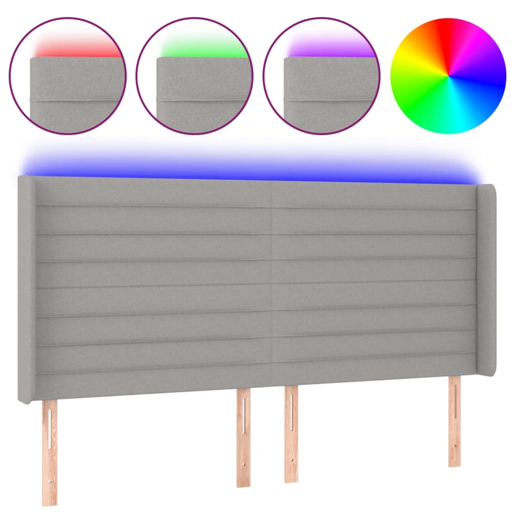 vidaXL Zagłówek do łóżka z LED, jasnoszary, 183x16x118/128 cm, tkanina