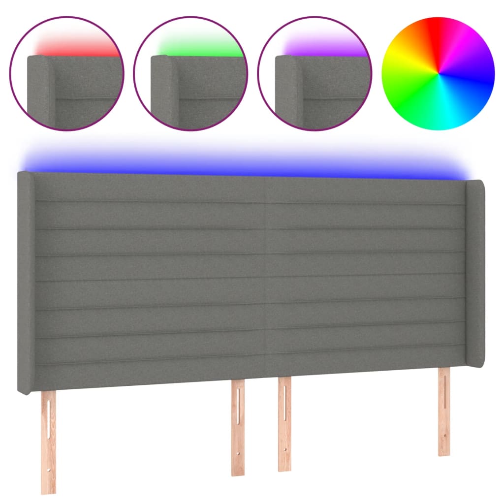 vidaXL Zagłówek do łóżka z LED, ciemnoszary, 183x16x118/128cm, tkanina