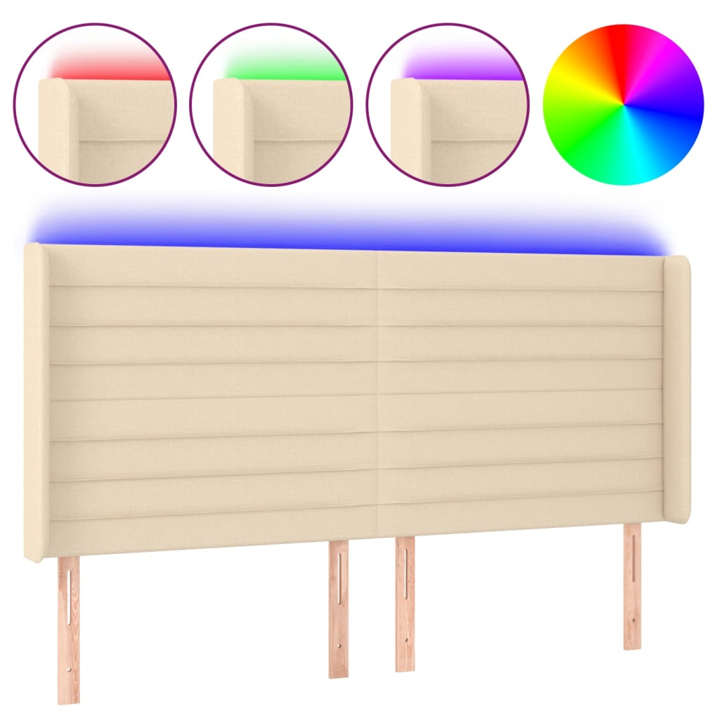 vidaXL Zagłówek do łóżka z LED, kremowy, 183x16x118/128 cm, tkanina
