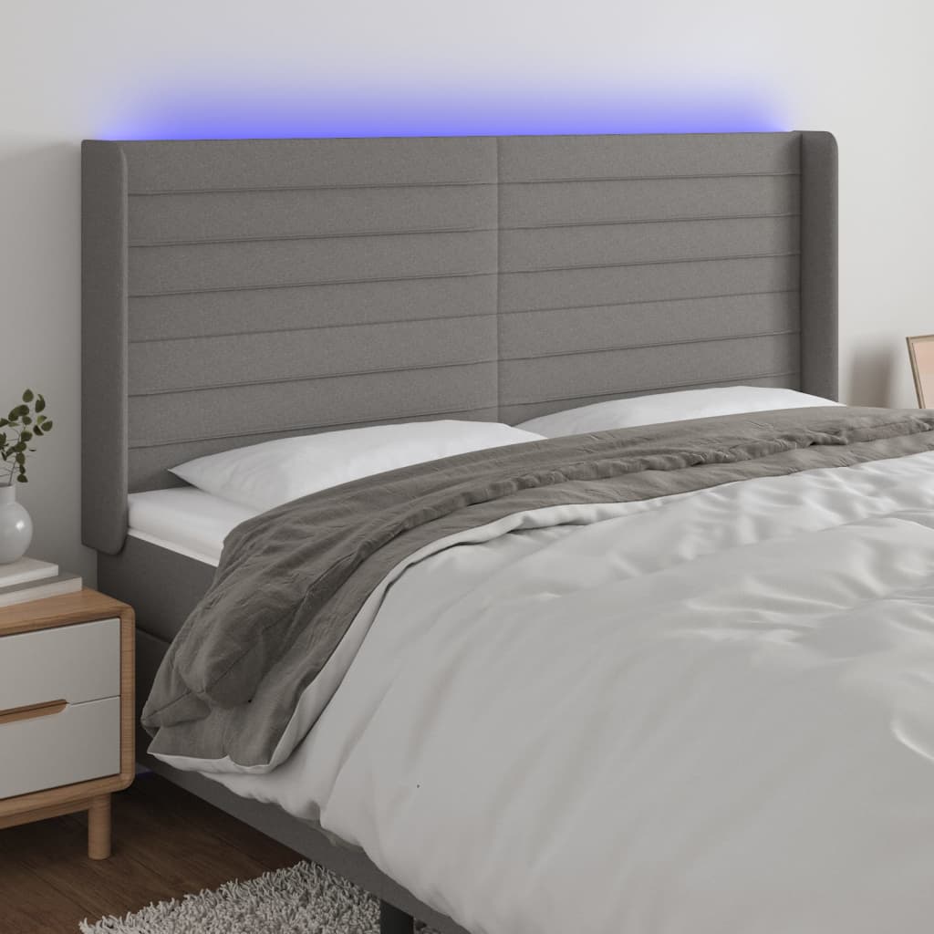 vidaXL Zagłówek do łóżka z LED, ciemnoszary, 203x16x118/128cm, tkanina