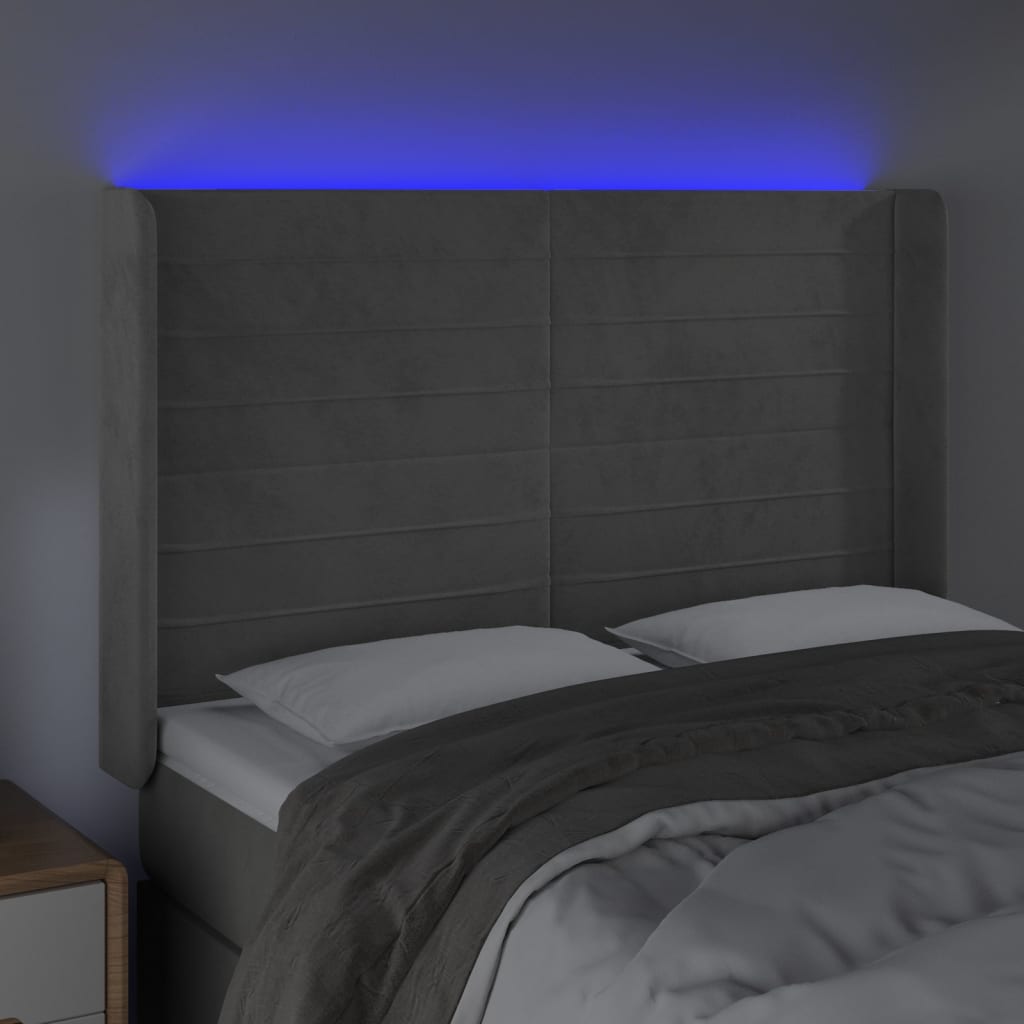 vidaXL Zagłówek do łóżka z LED, jasnoszary, 147x16x118/128 cm, aksamit