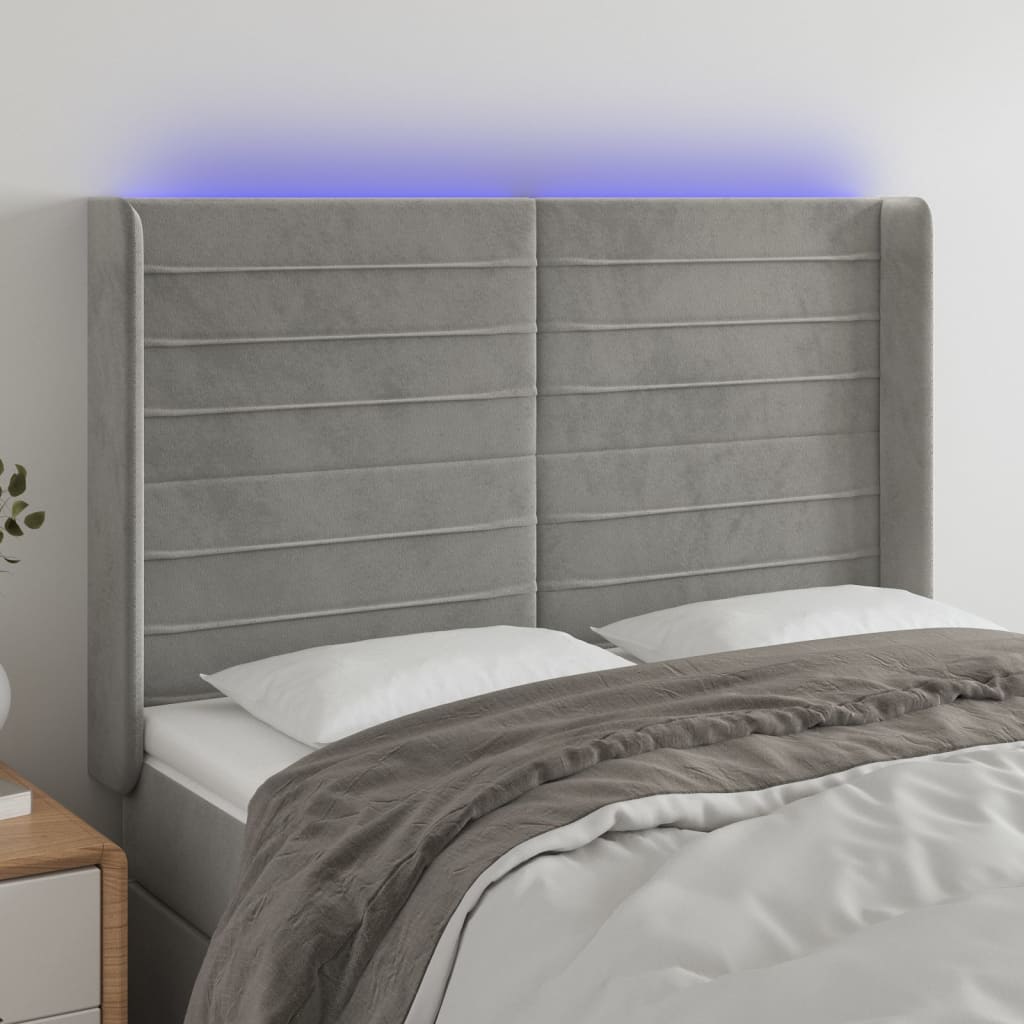 vidaXL Zagłówek do łóżka z LED, jasnoszary, 147x16x118/128 cm, aksamit