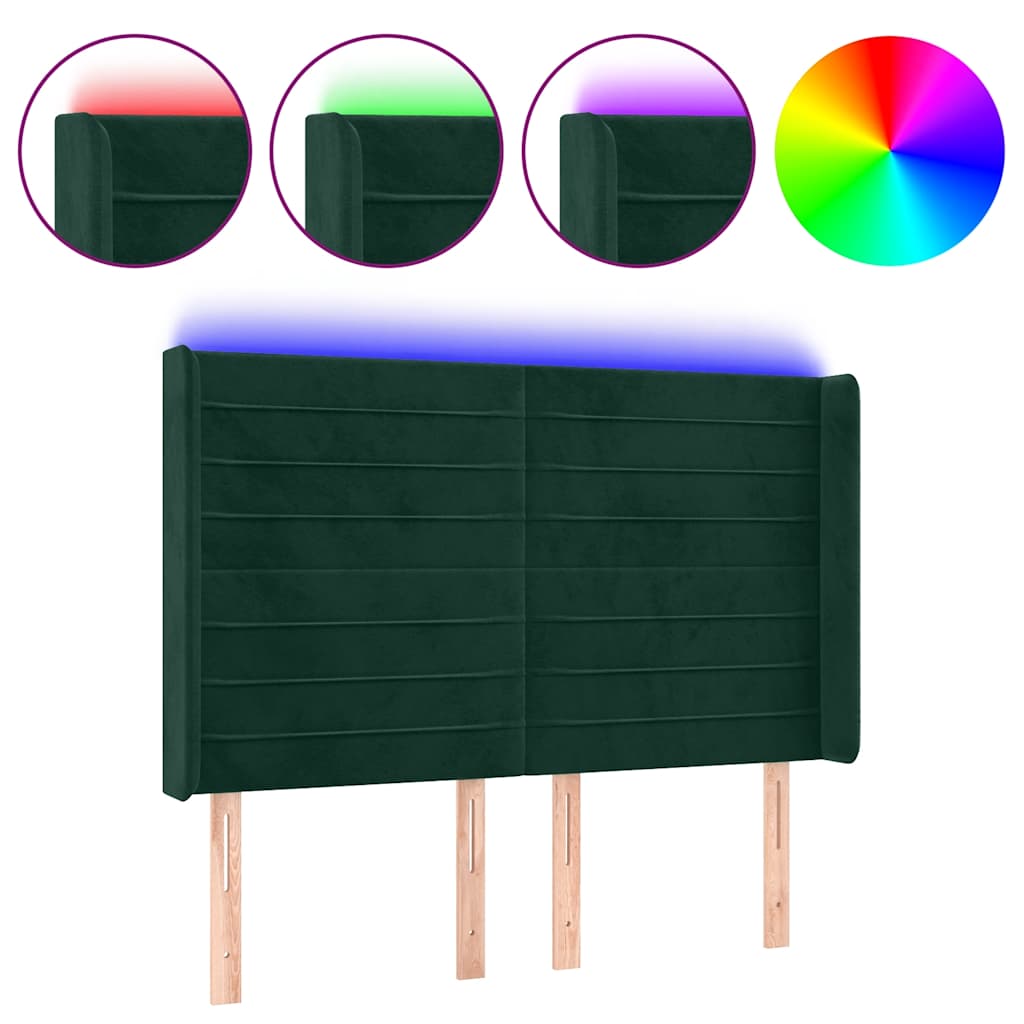 vidaXL Zagłówek do łóżka z LED, ciemnozielony 147x16x118/128cm aksamit