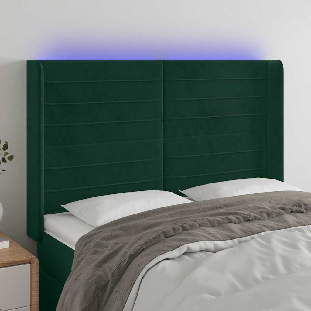 vidaXL Zagłówek do łóżka z LED, ciemnozielony 147x16x118/128cm aksamit