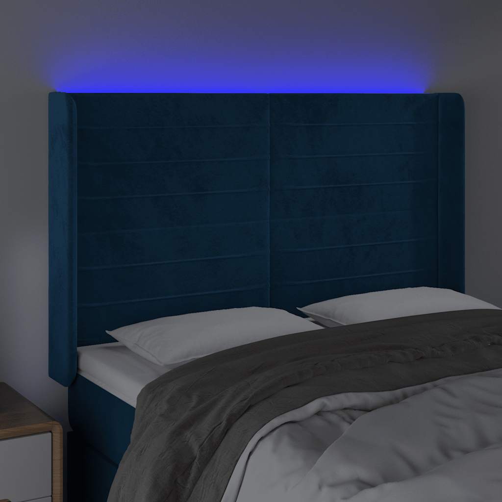 vidaXL Zagłówek do łóżka z LED ciemnoniebieski, 147x16x118/128 cm