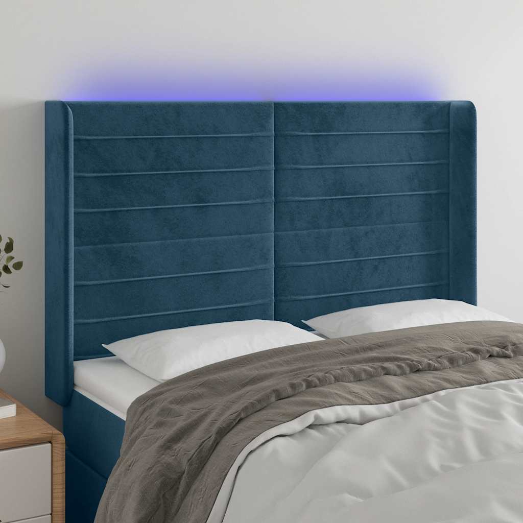 vidaXL Zagłówek do łóżka z LED ciemnoniebieski, 147x16x118/128 cm