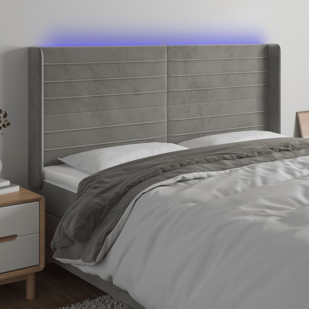 vidaXL Zagłówek do łóżka z LED, jasnoszary, 163x16x118/128 cm, aksamit