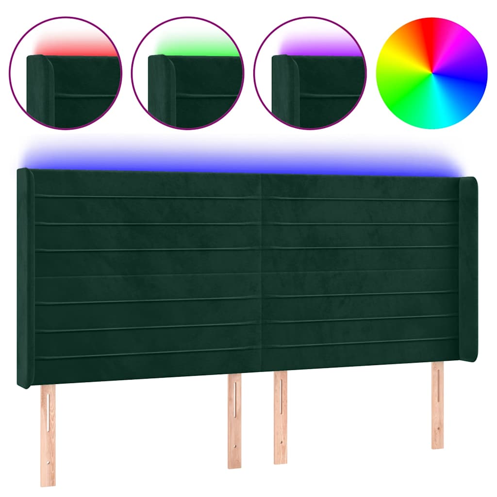 vidaXL Zagłówek do łóżka z LED, ciemnozielony 163x16x118/128cm aksamit