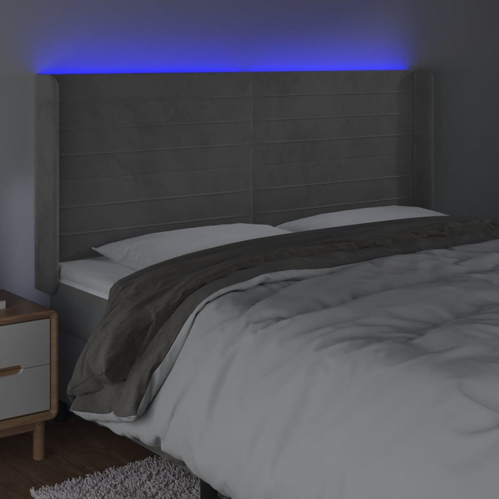 vidaXL Zagłówek do łóżka z LED, jasnoszary, 183x16x118/128 cm, aksamit