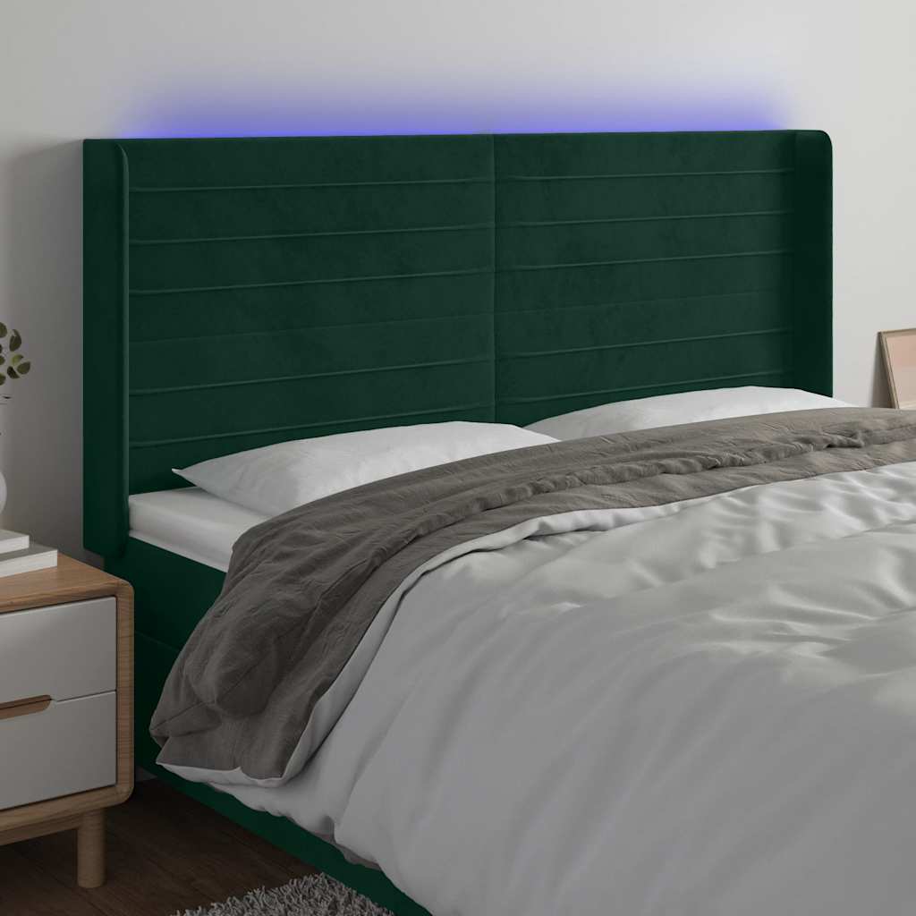 vidaXL Zagłówek do łóżka z LED, ciemnozielony 183x16x118/128cm aksamit