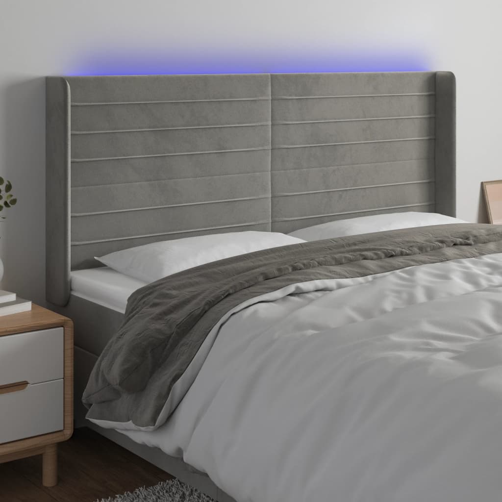 vidaXL Zagłówek do łóżka z LED, jasnoszary, 203x16x118/128 cm, aksamit