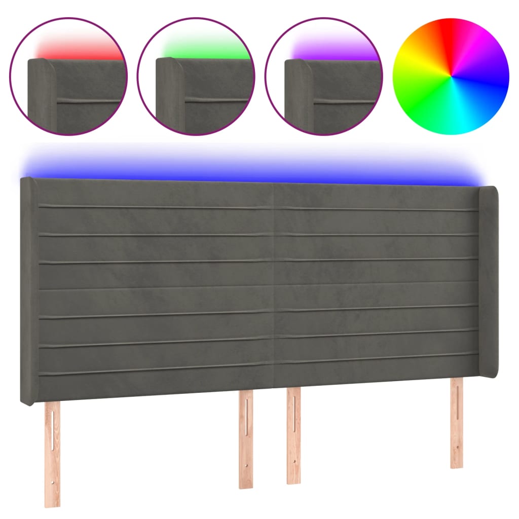 vidaXL Zagłówek do łóżka z LED, ciemnoszary, 203x16x118/128cm, aksamit