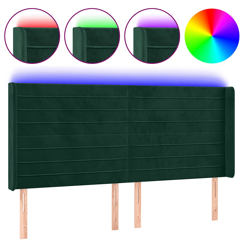 vidaXL Zagłówek do łóżka z LED, ciemnozielony 203x16x118/128cm aksamit