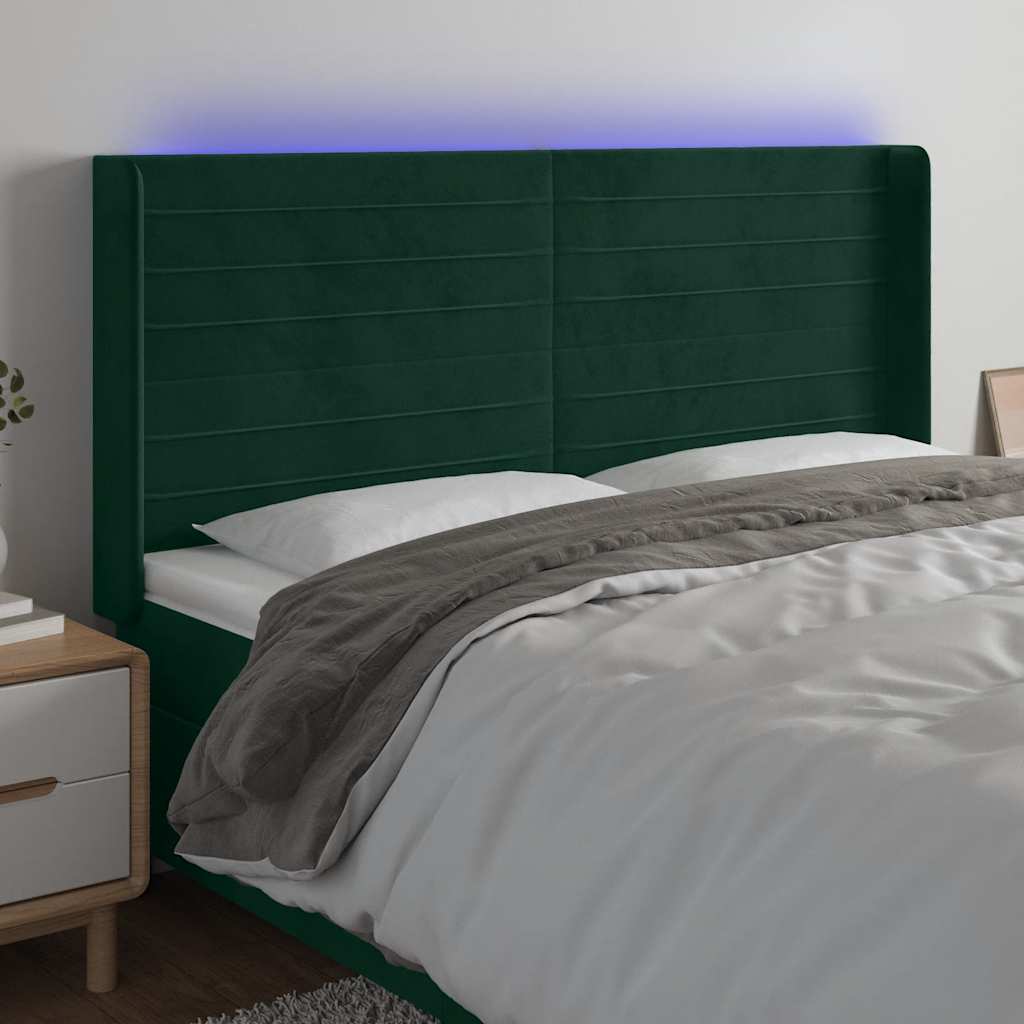 vidaXL Zagłówek do łóżka z LED, ciemnozielony 203x16x118/128cm aksamit