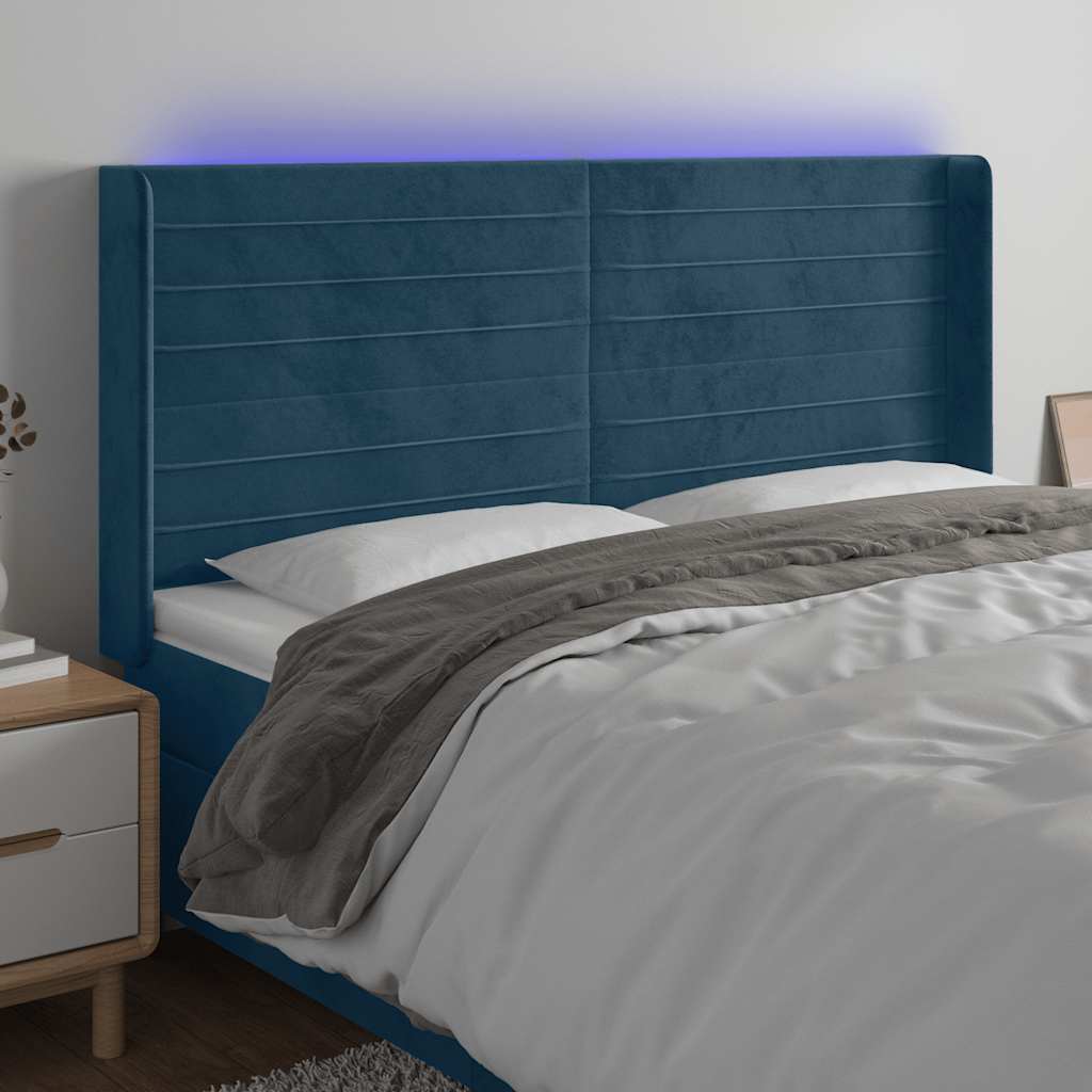 vidaXL Zagłówek do łóżka z LED ciemnoniebieski, 203x16x118/128 cm