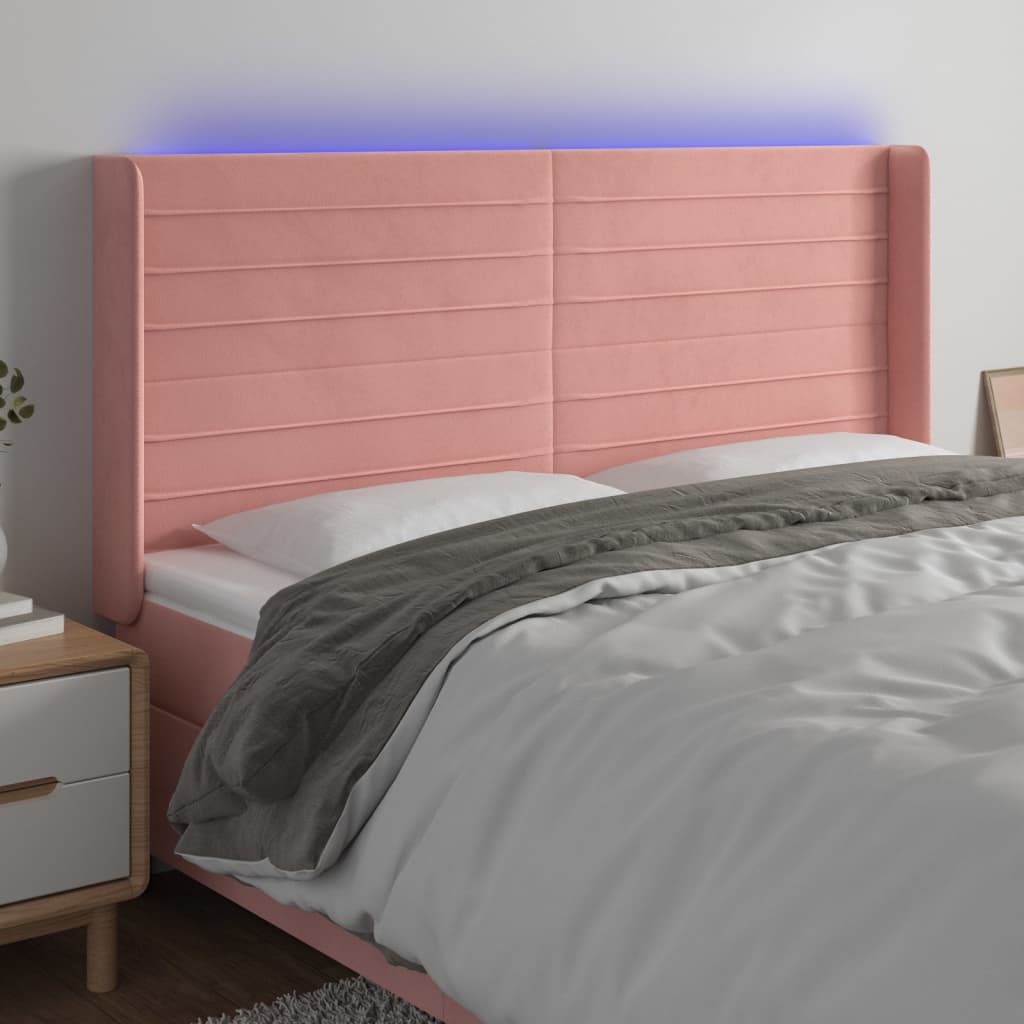 vidaXL Zagłówek do łóżka z LED, różowy, 203x16x118/128 cm, aksamit