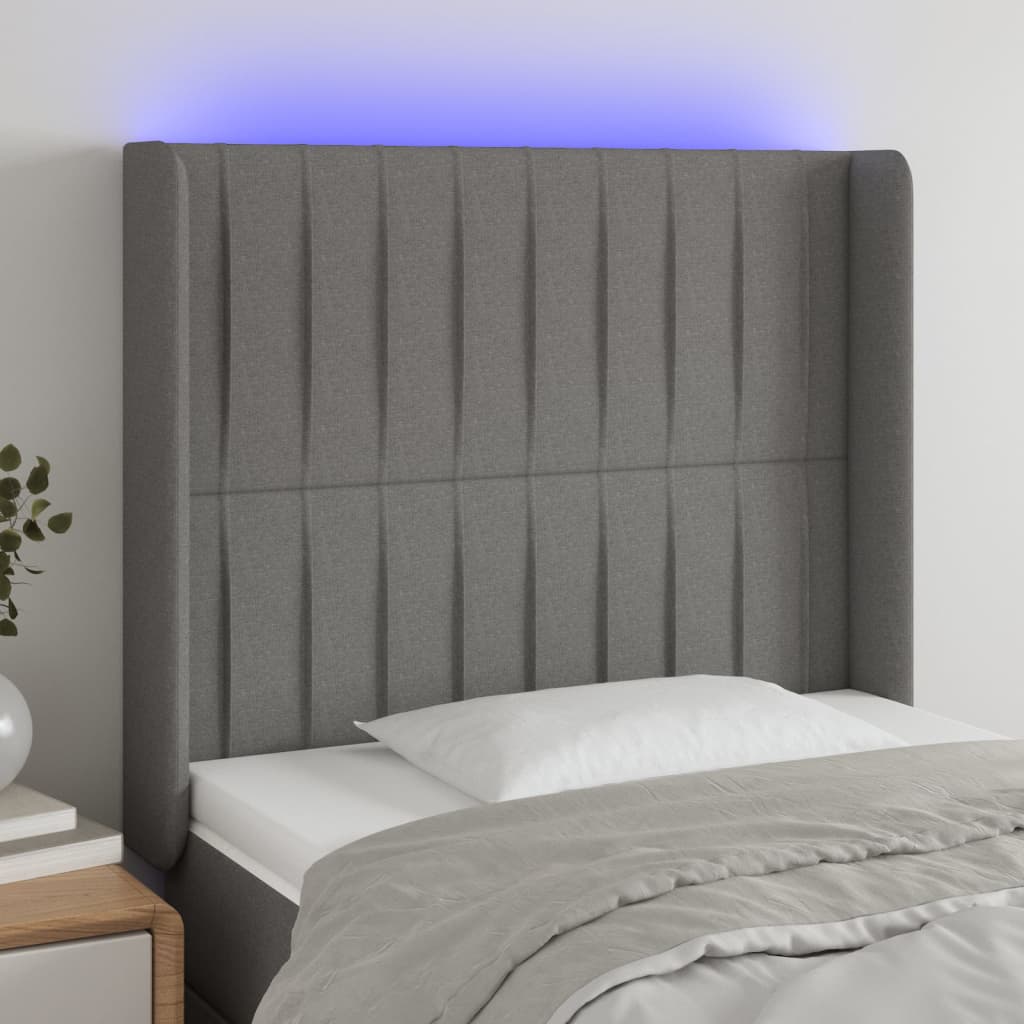 vidaXL Zagłówek do łóżka z LED, ciemnoszary, 83x16x118/128 cm, tkanina