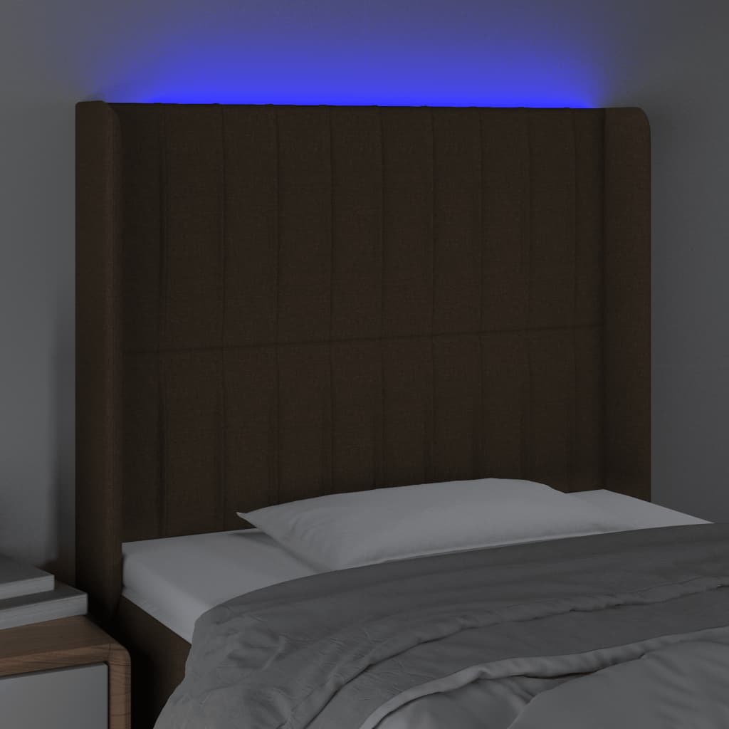 vidaXL Zagłówek do łóżka z LED ciemnobrązowy, 83x16x118/128 cm tkanina