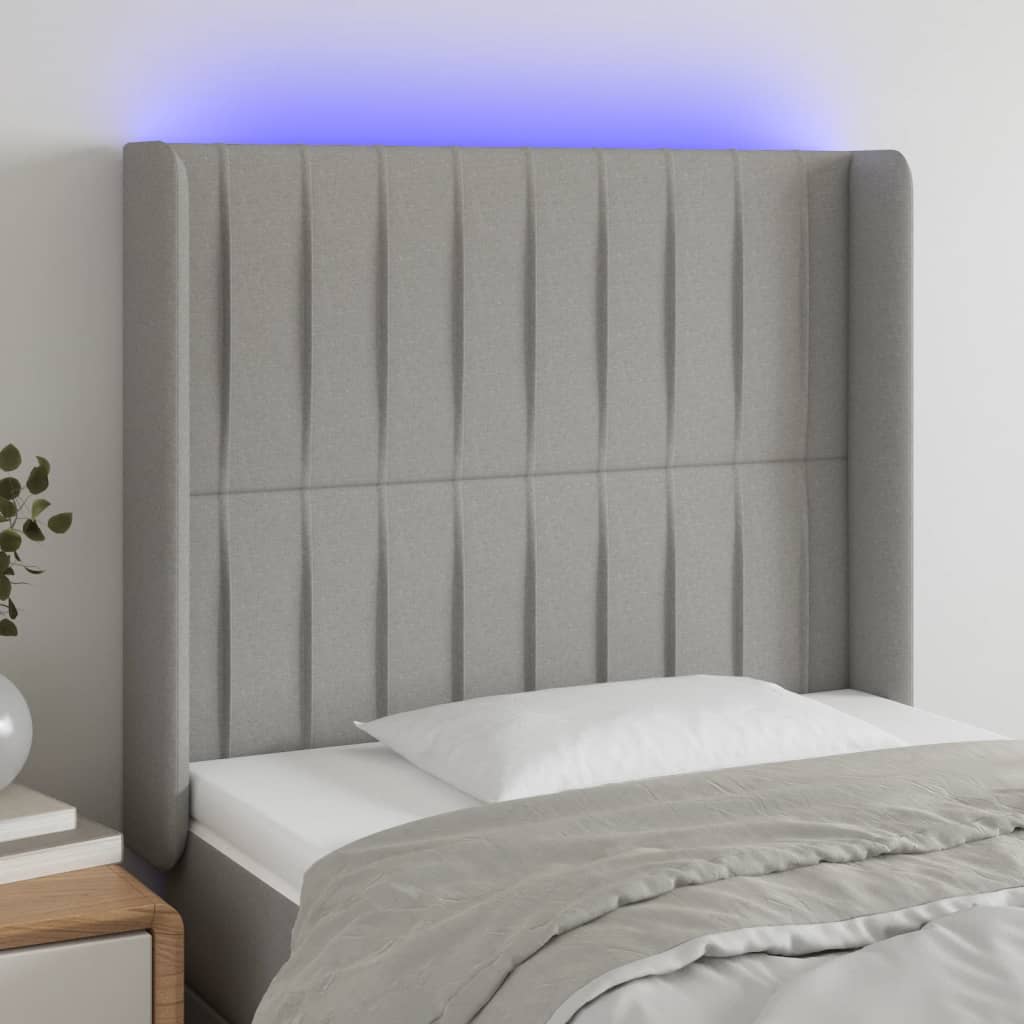 vidaXL Zagłówek do łóżka z LED, jasnoszary, 93x16x118/128 cm, tkanina