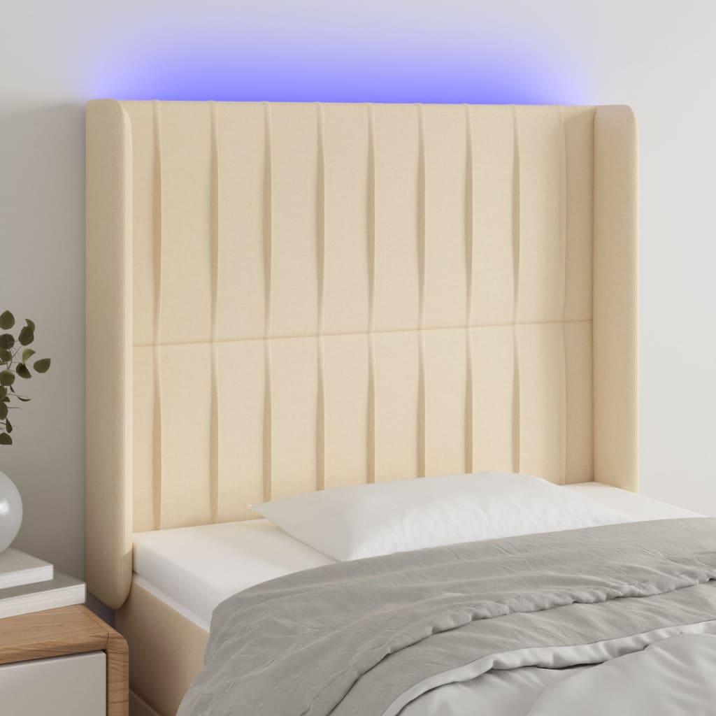vidaXL Zagłówek do łóżka z LED, kremowy, 103x16x118/128 cm, tkanina
