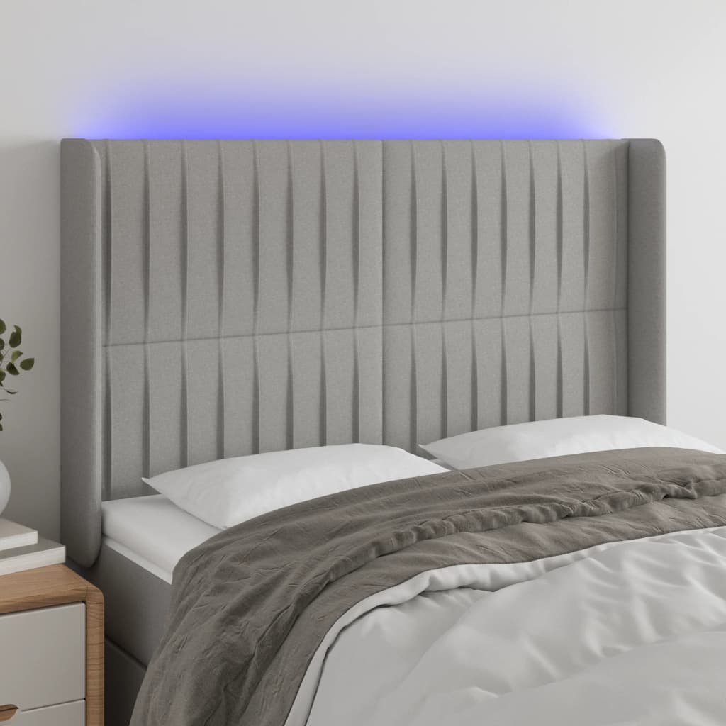 vidaXL Zagłówek do łóżka z LED, jasnoszary, 147x16x118/128 cm, tkanina