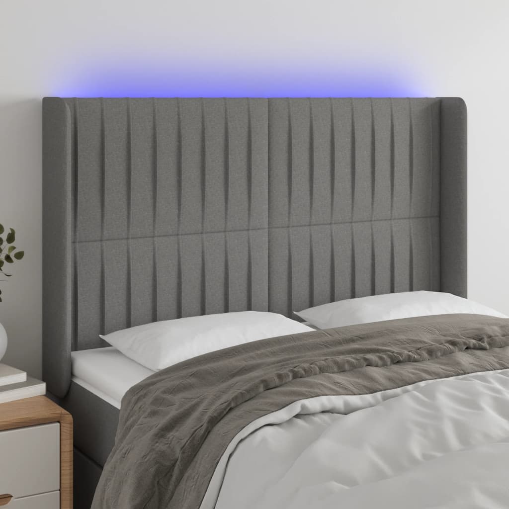 vidaXL Zagłówek do łóżka z LED, ciemnoszary, 147x16x118/128cm, tkanina