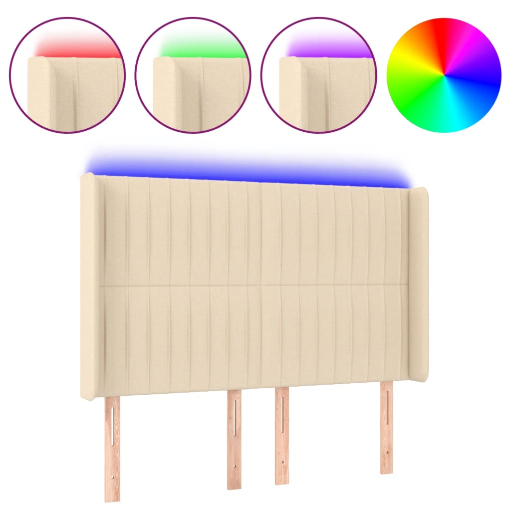 vidaXL Zagłówek do łóżka z LED, kremowy, 147x16x118/128 cm, tkanina
