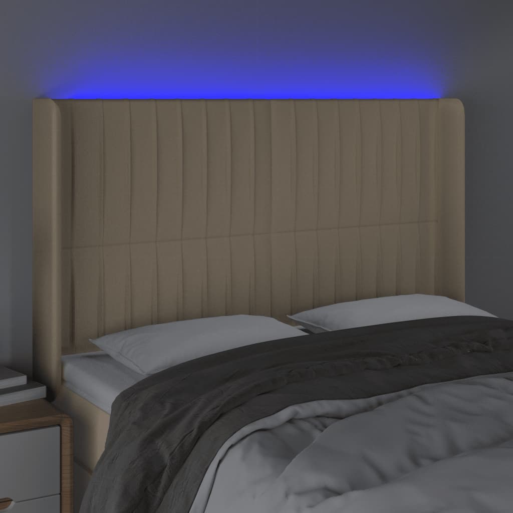 vidaXL Zagłówek do łóżka z LED, kremowy, 147x16x118/128 cm, tkanina