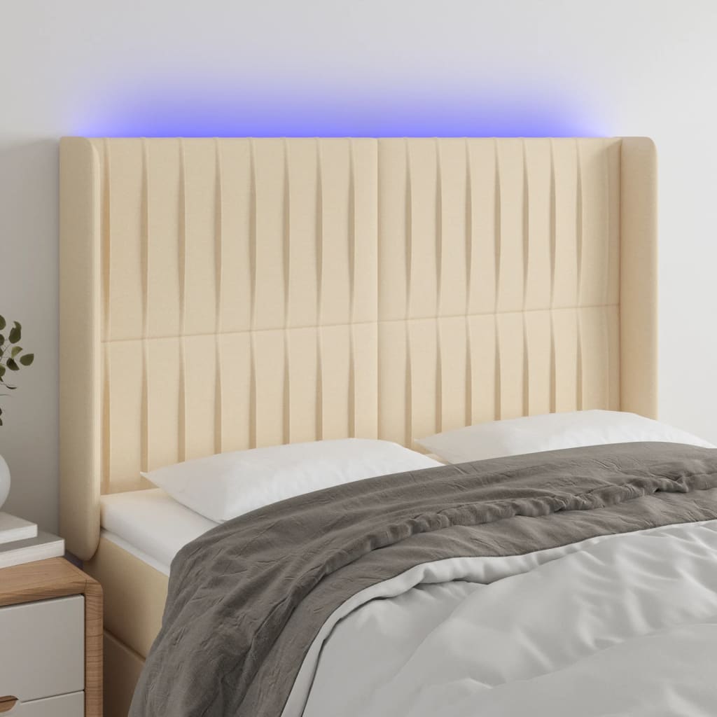 vidaXL Zagłówek do łóżka z LED, kremowy, 147x16x118/128 cm, tkanina