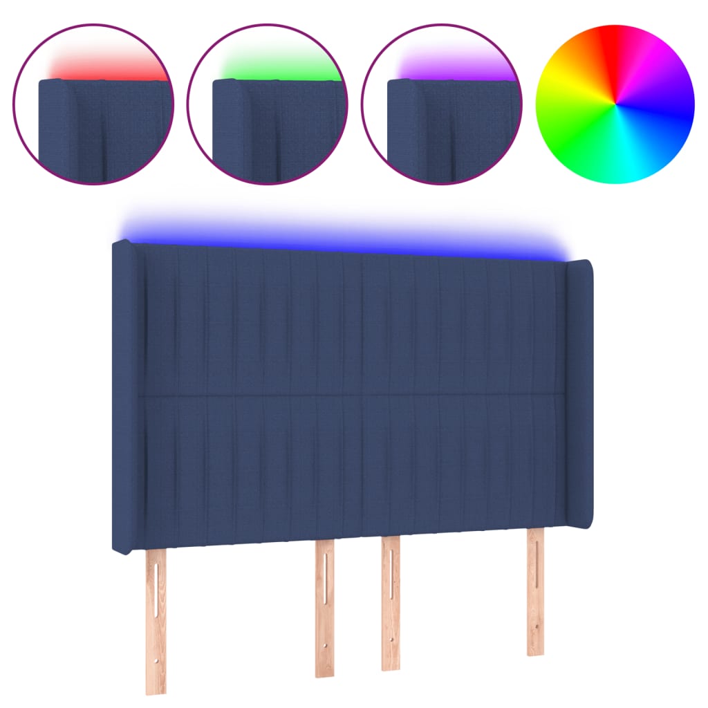vidaXL Zagłówek do łóżka z LED, niebieski, 147x16x118/128 cm, tkanina