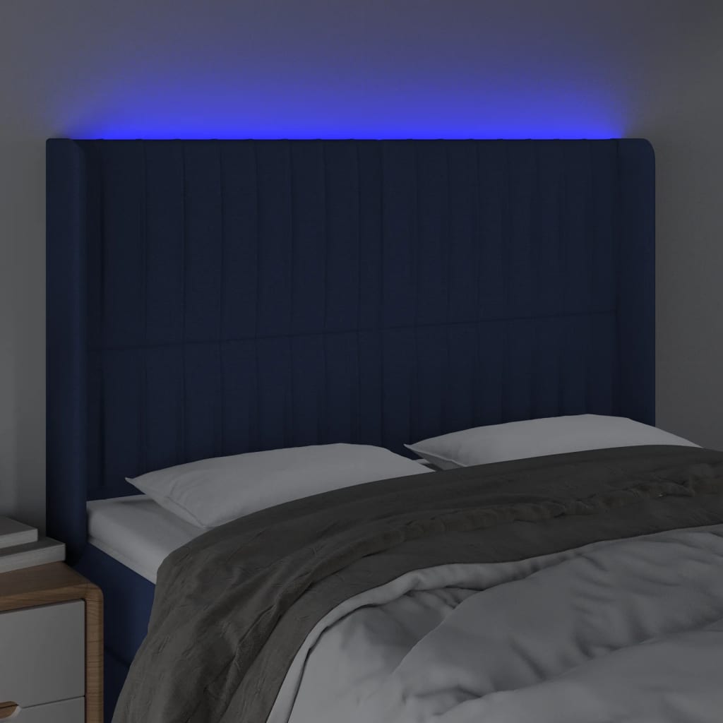 vidaXL Zagłówek do łóżka z LED, niebieski, 147x16x118/128 cm, tkanina