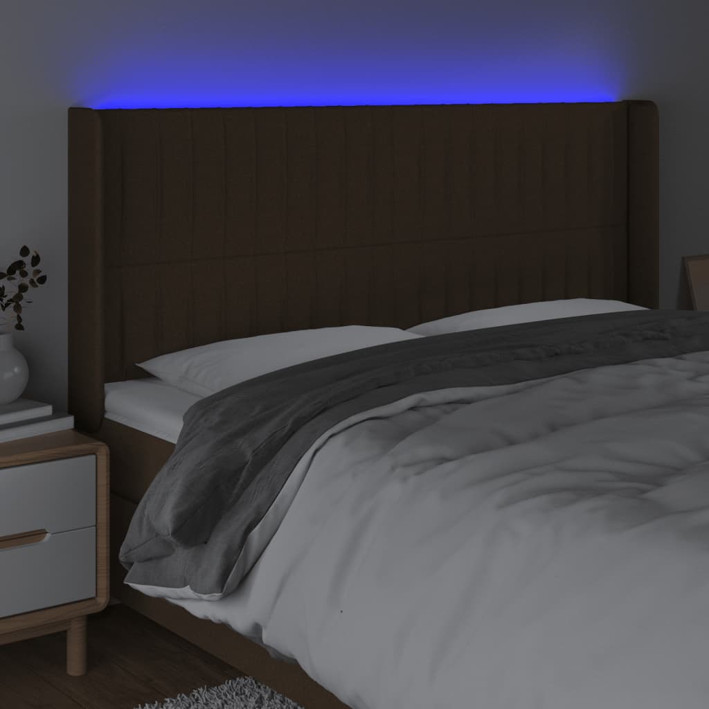vidaXL Zagłówek do łóżka z LED ciemnobrązowy 163x16x118/128 cm tkanina