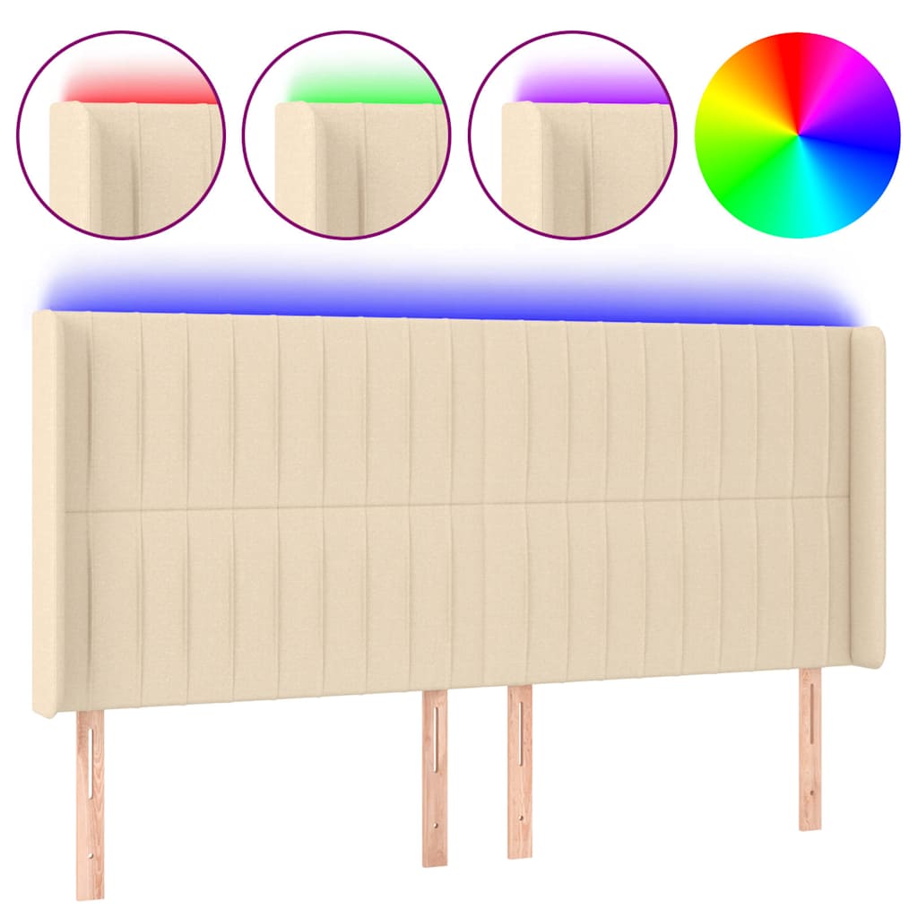 vidaXL Zagłówek do łóżka z LED, kremowy, 183x16x118/128 cm, tkanina