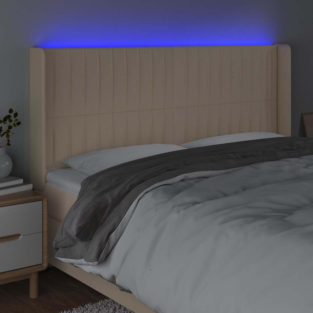 vidaXL Zagłówek do łóżka z LED, kremowy, 183x16x118/128 cm, tkanina