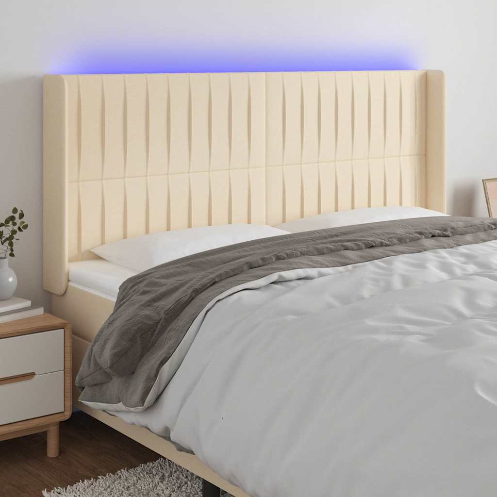 vidaXL Zagłówek do łóżka z LED, kremowy, 183x16x118/128 cm, tkanina